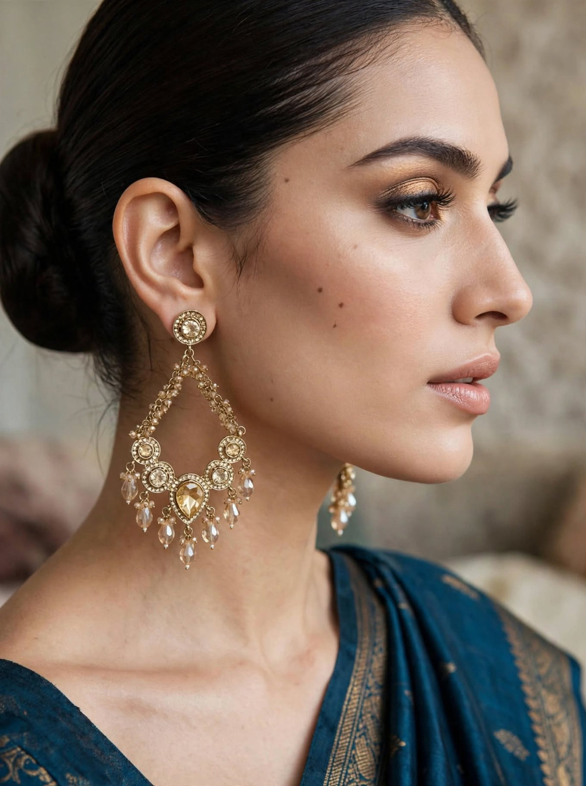 Golden Champagne Crystal Beaded Earrings