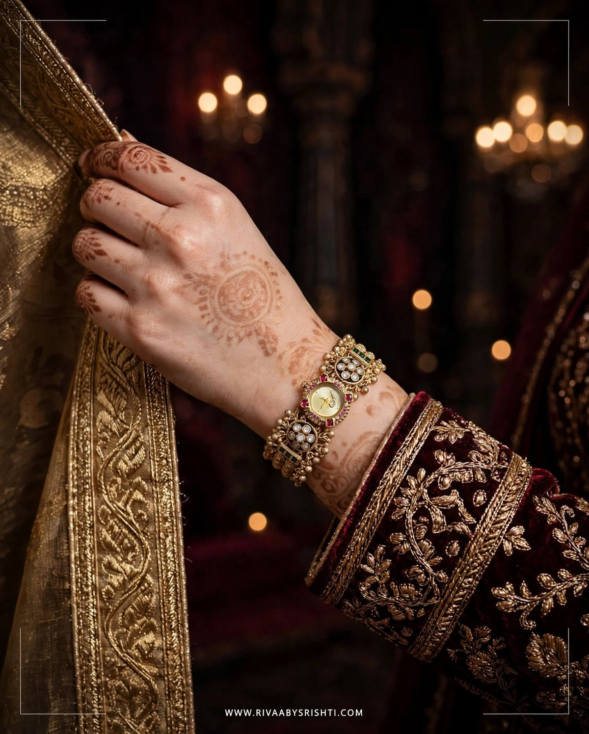Bridal hand with henna and heritage gold watch bracelet
