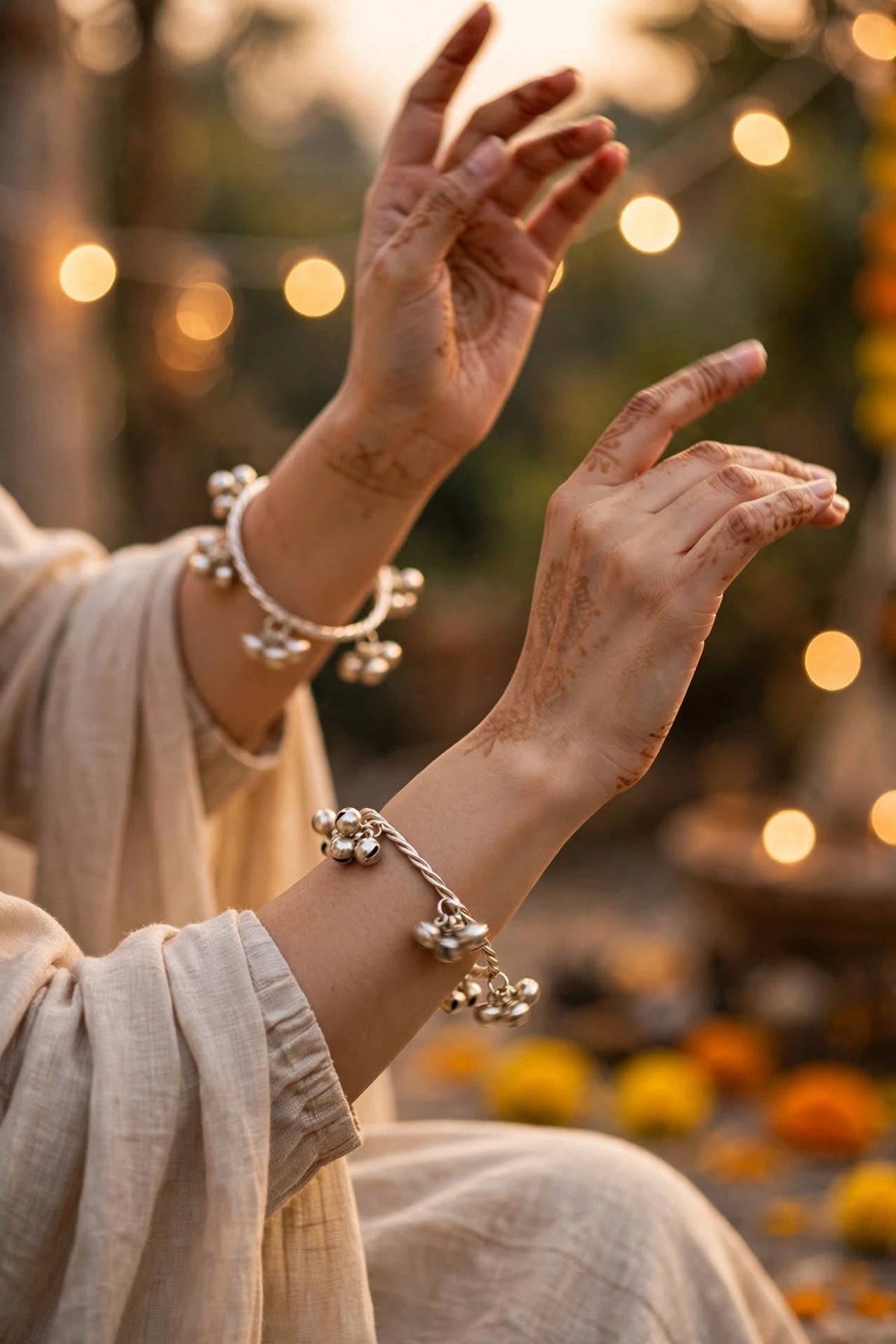 Hands with silver ghungroo bangles and henna at golden hour