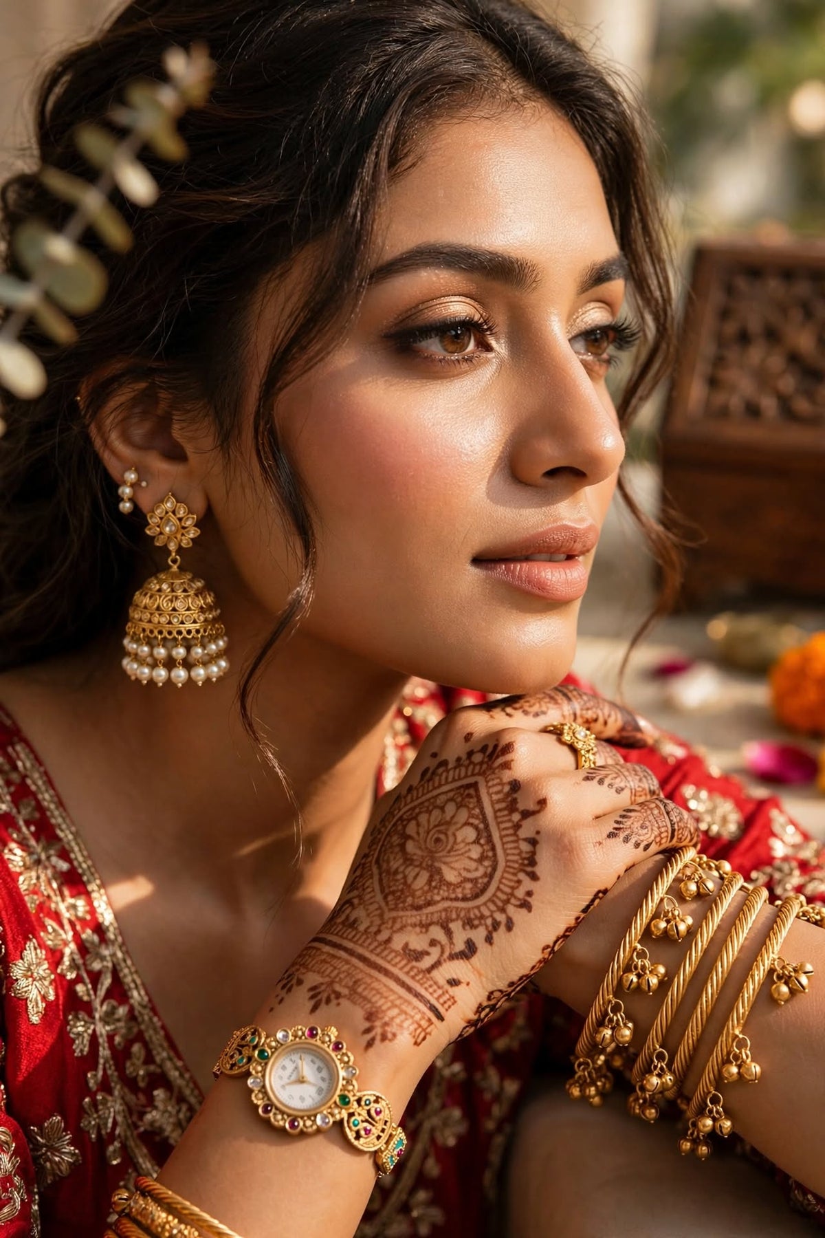 Bridal portrait with gold jhumka earrings, heritage watch and bangles with henna