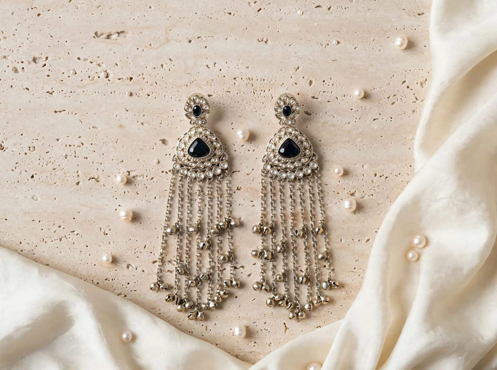 Rivaa Noor Noir Kundan Chain Tassel Statement Earrings