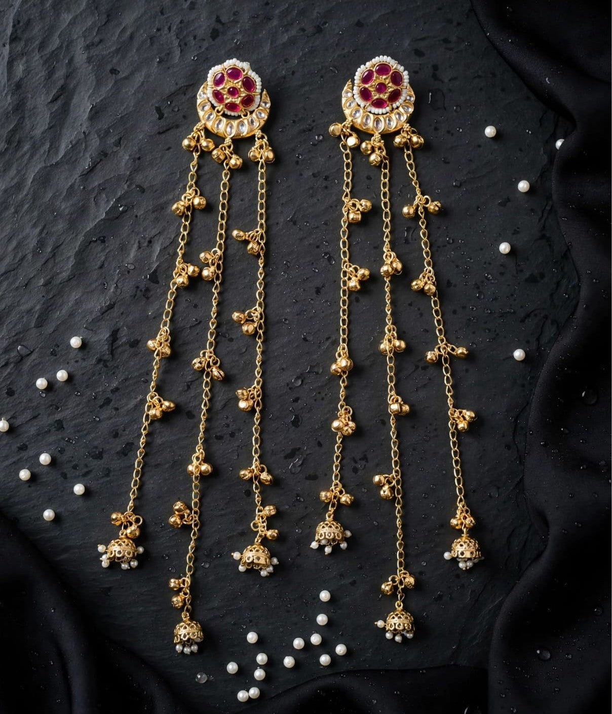Rivaa Gulnaar Kundan Jhumki Chain Tassel Earrings