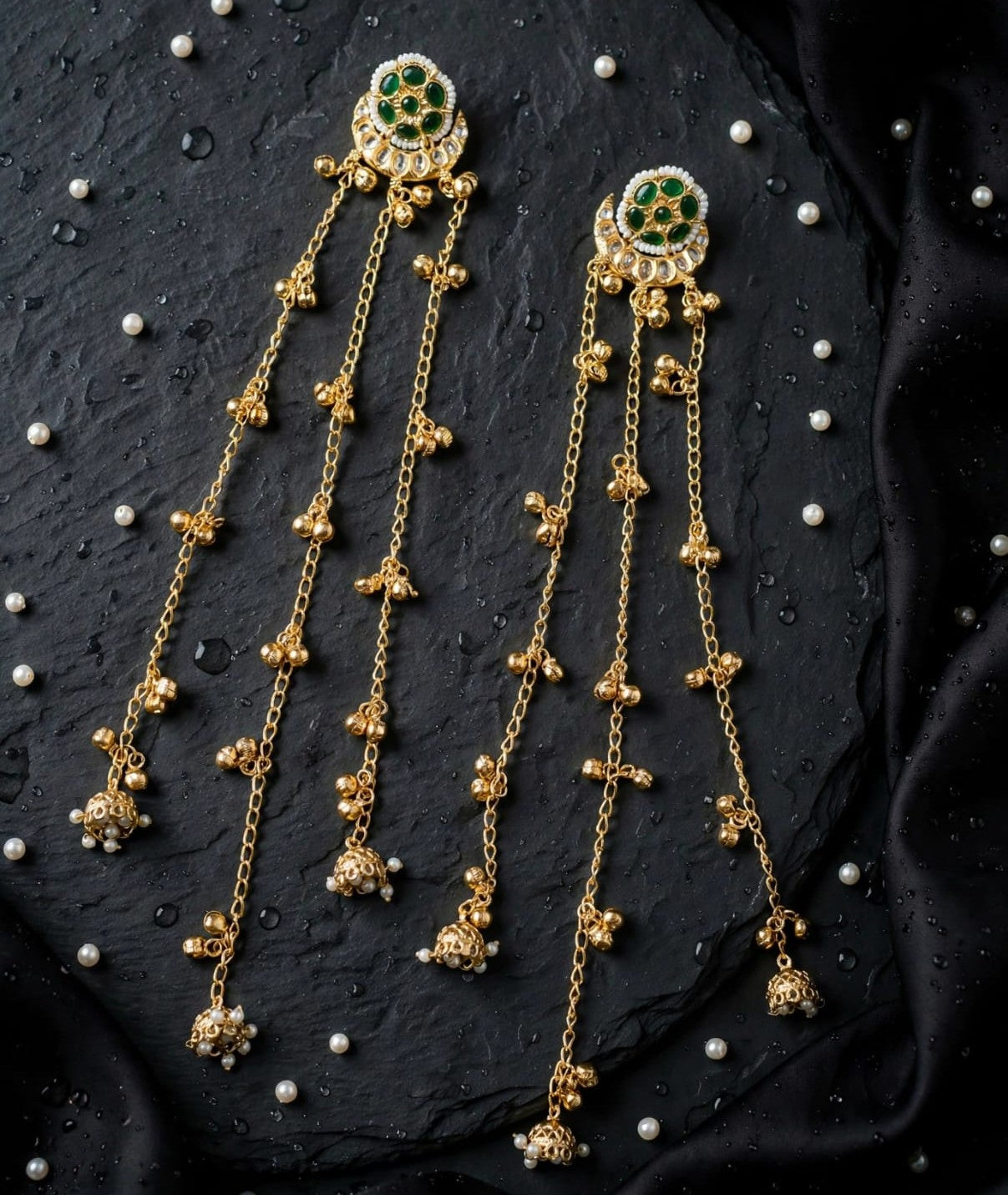 Rivaa Gulnaar Kundan Jhumki Chain Tassel Earrings