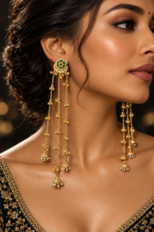 Green Floral Long Tassel Earrings