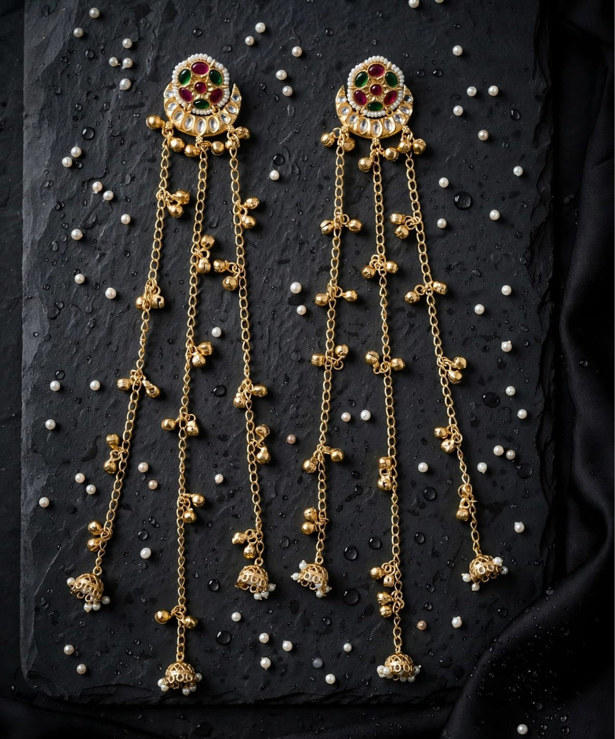 Rivaa Gulnaar Kundan Jhumki Chain Tassel Earrings