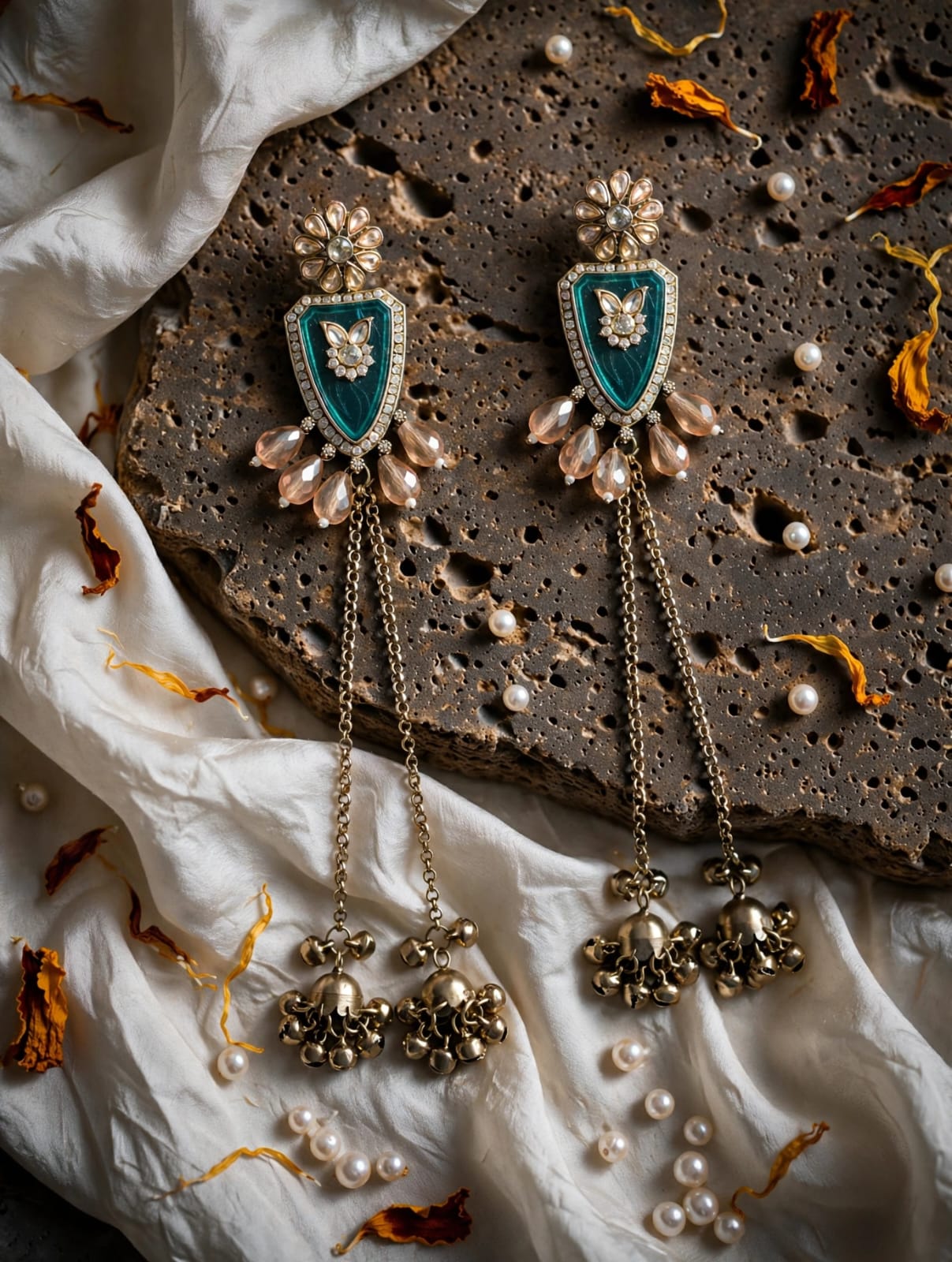Rivaa Meher Crystal Ghungroo Chain Tassel Statement Earrings