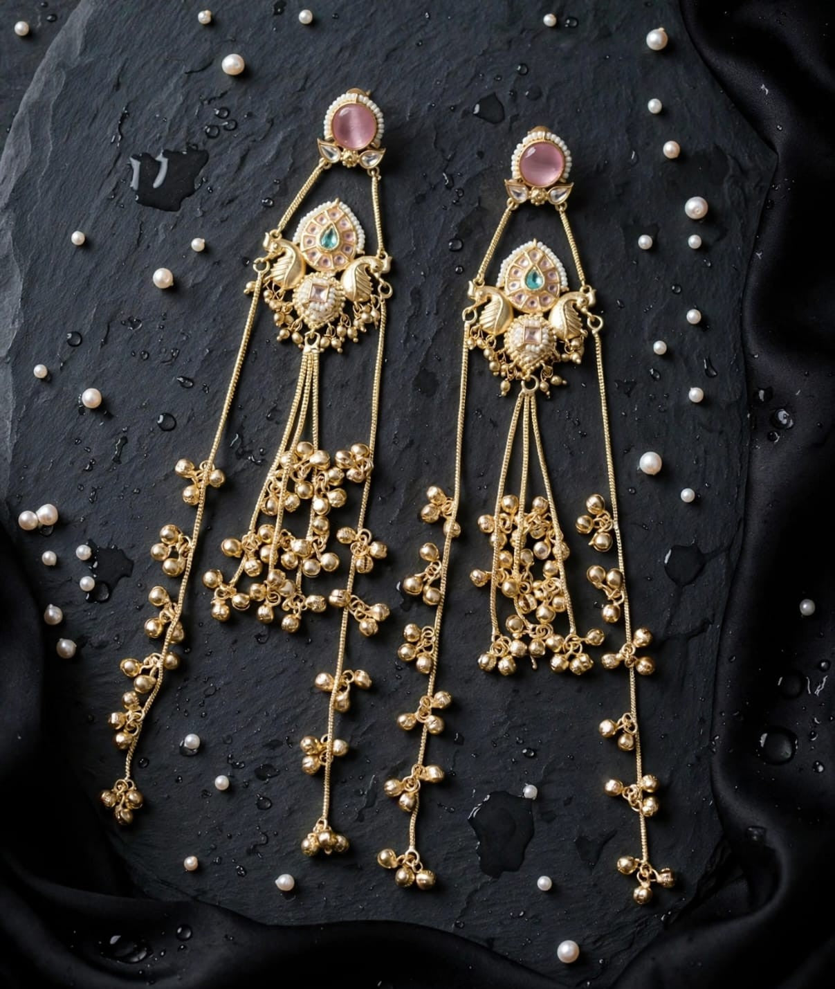 Rivaa Mayura Kundan Peacock Chain Tassel Statement Earrings
