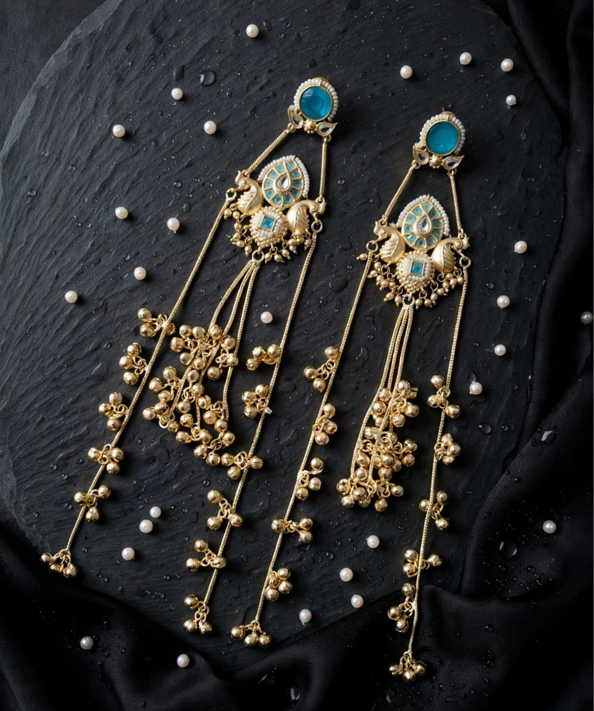 Rivaa Mayura Kundan Peacock Chain Tassel Statement Earrings