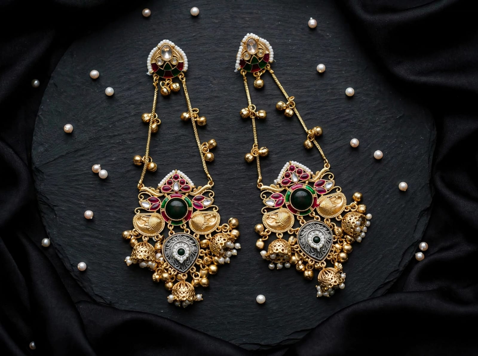 Rivaa Vasundhara Peacock Kundan Jhumki Statement Earrings