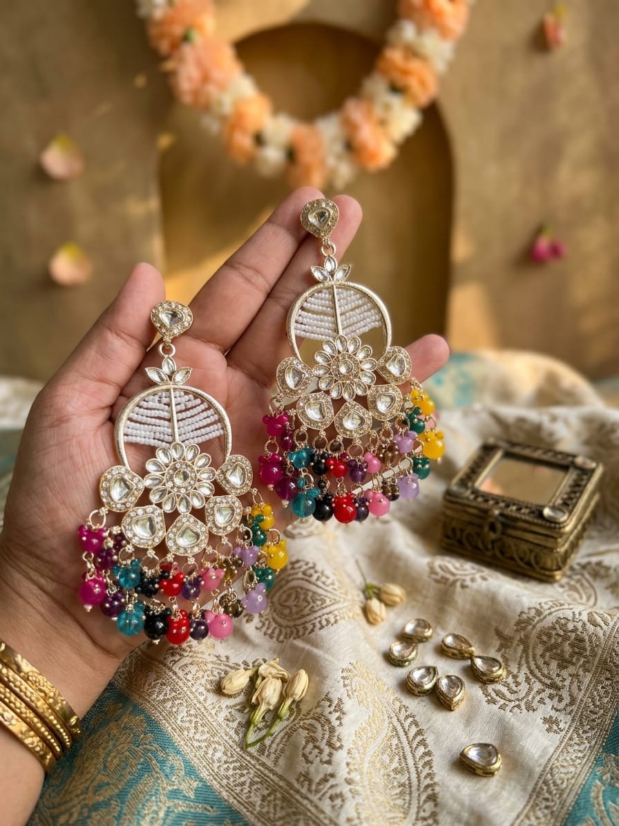 Rivaa Chandrika Kundan Beaded Statement Chandbali Earrings