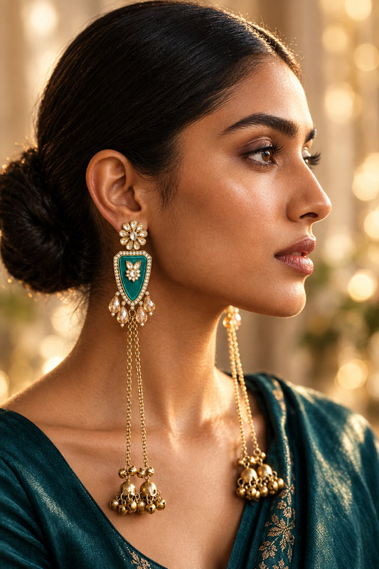 Teal Blue Crystal Long Tassel Earrings
