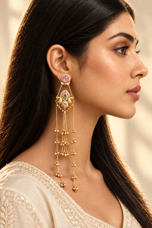 Blush Pink Peacock Long Tassel Earrings