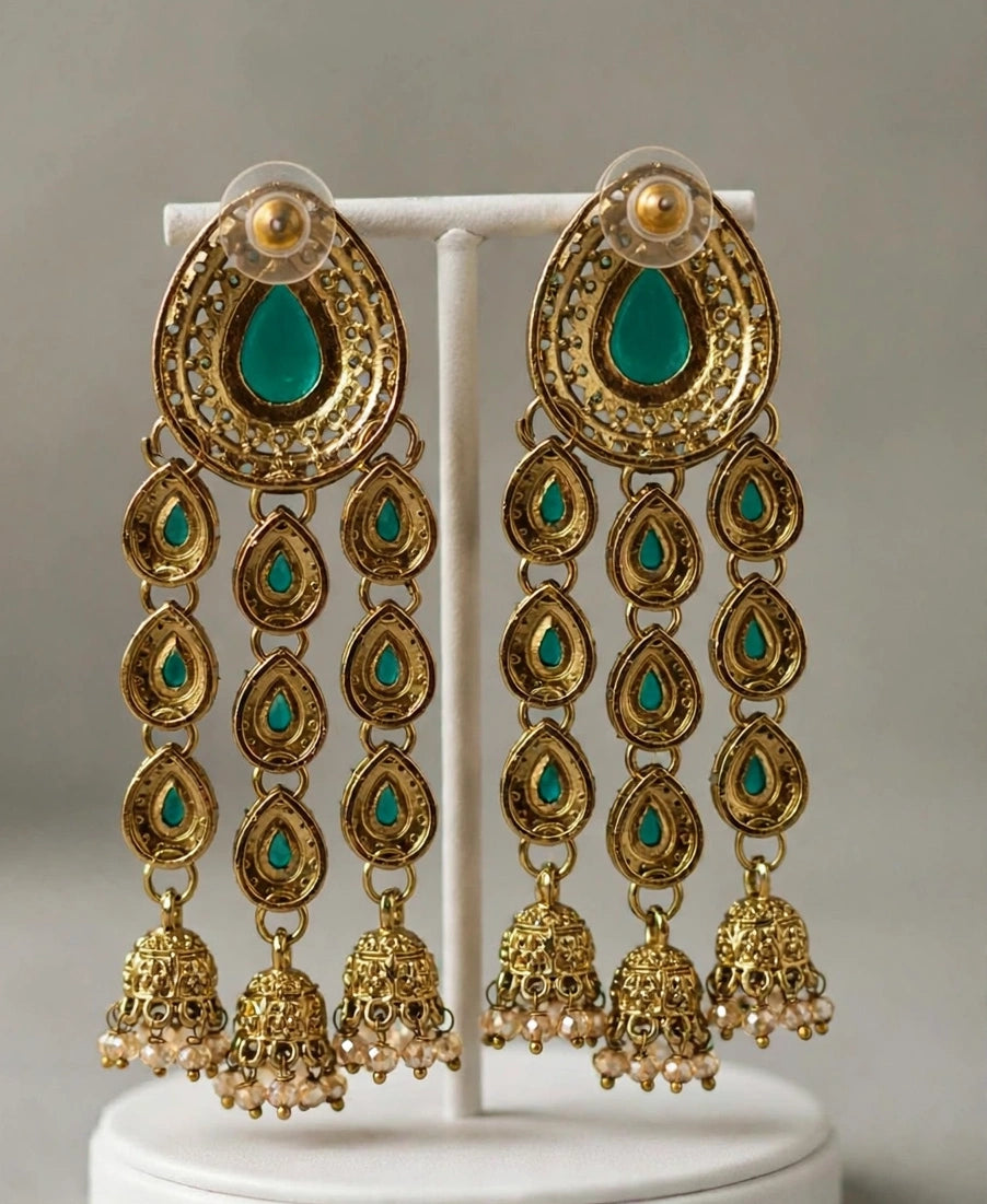 Emerald Green Cascade Jhumki Earrings