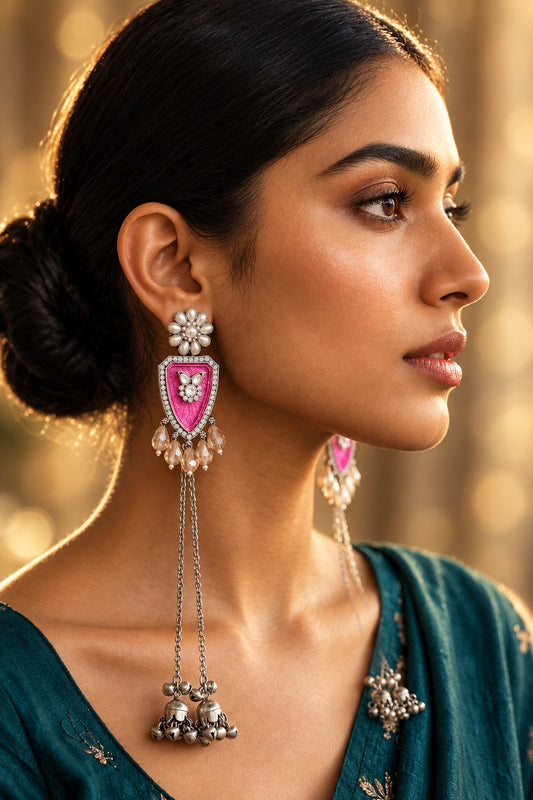 Coral Pink Crystal Long Tassel Earrings