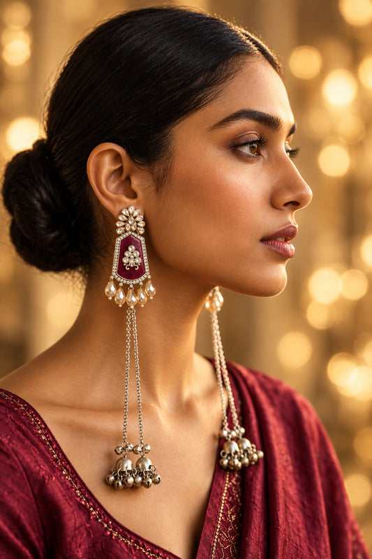 Maroon Crystal Long Tassel Earrings