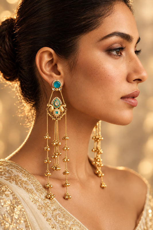 Turquoise Peacock Long Tassel Earrings